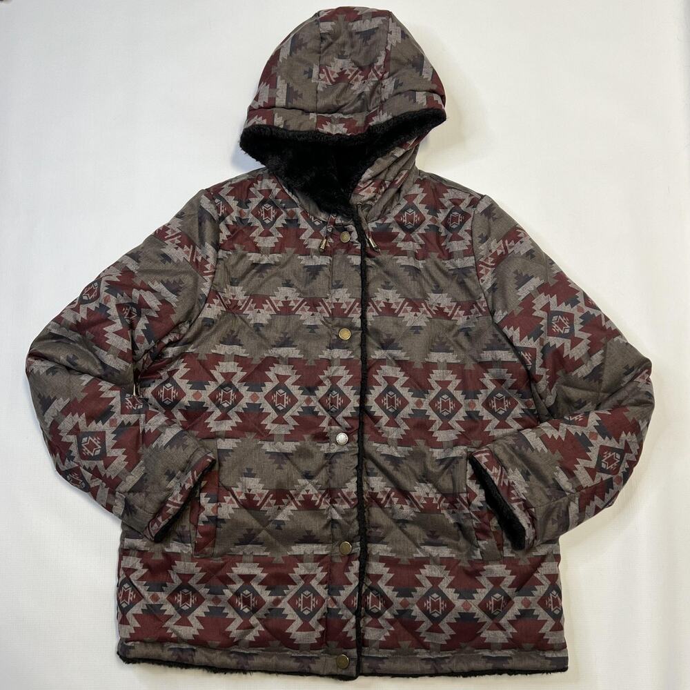 Pendleton Jacket Womens Large Reversible Hooded Sherpa Aztec Pattern Coat